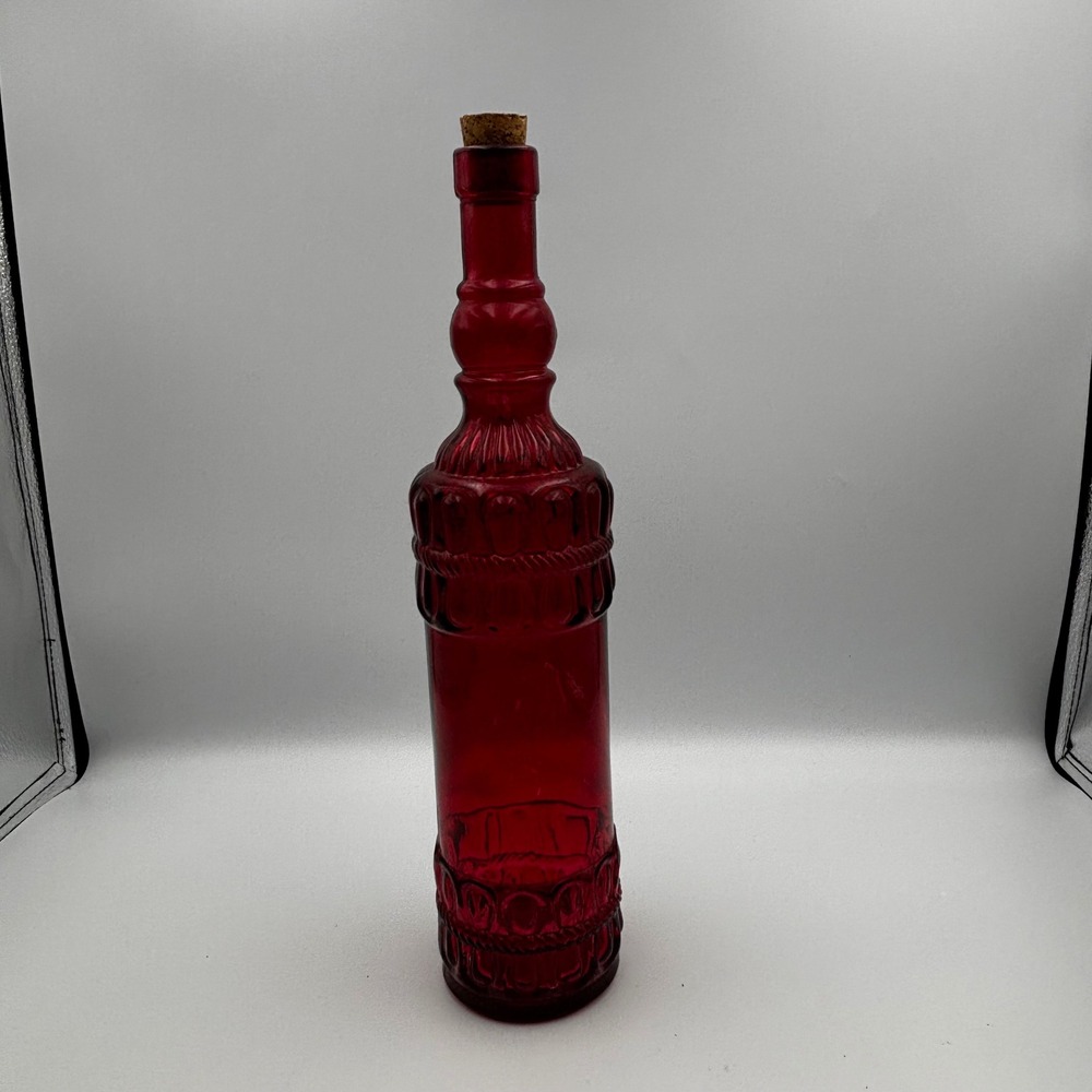 Vintage Handcrafted Spain Red Glass Embossed Bottle Decanter with Cork 13.25in